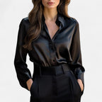 Damen Satinbluse mit langen Ärmeln und klassischem Kragen