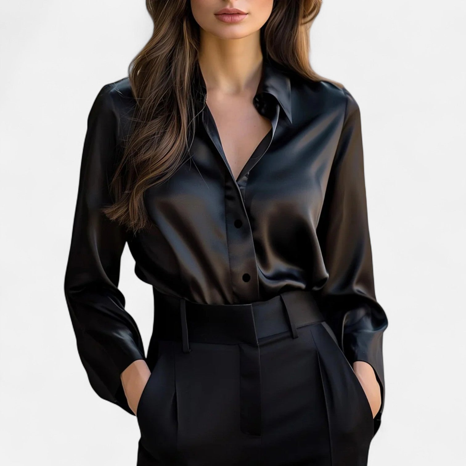 Damen Satinbluse mit langen Ärmeln und klassischem Kragen