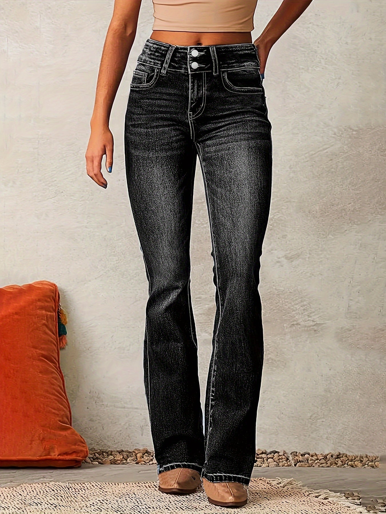 Damskie Jeansy Straight Flare z Wysokim Stanem