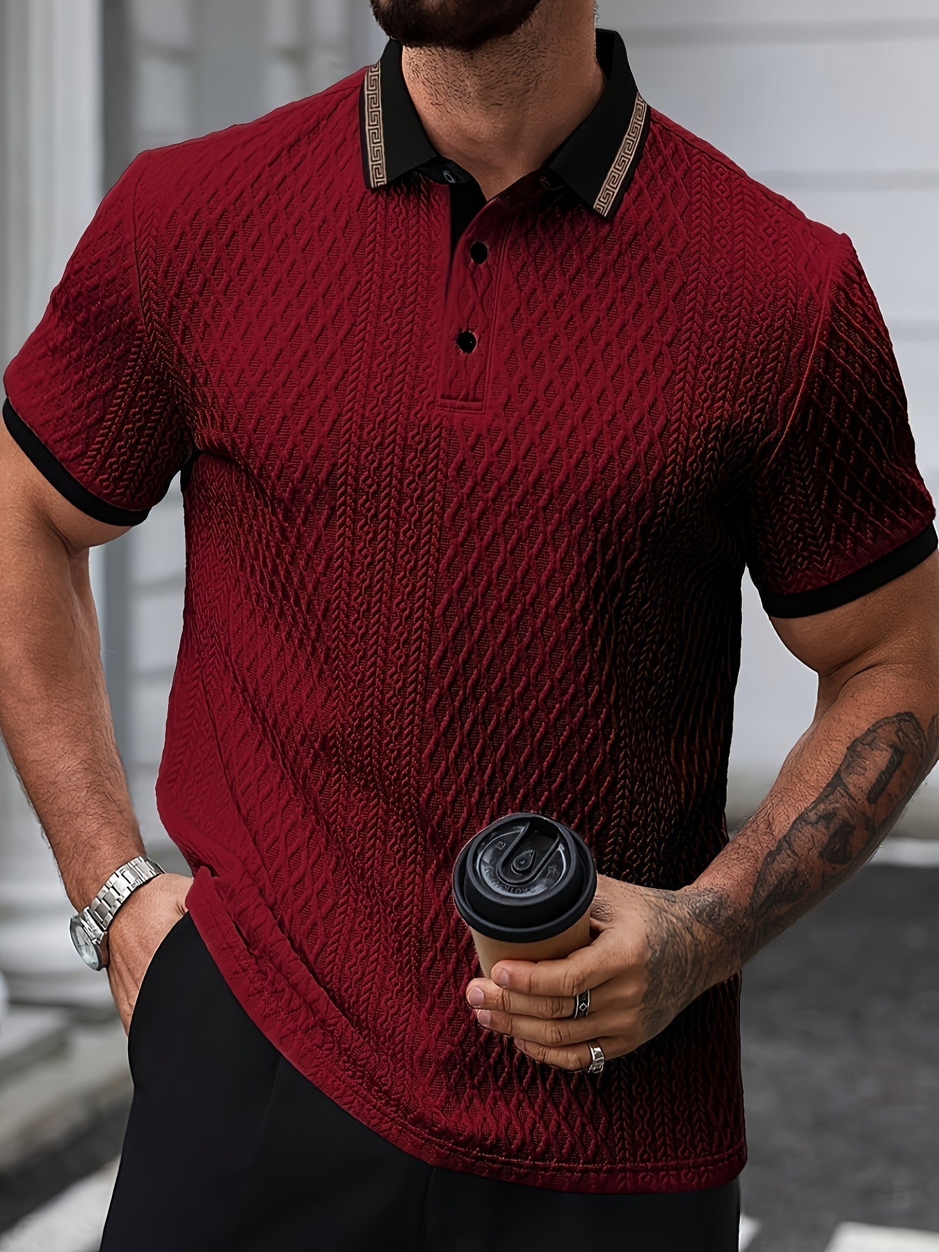 Męskie Teksturowane Polo Slim Fit z Krótkim Rękawem