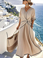 Damen-Sommer-Maxikleid mit V-Ausschnitt, Taillendrehung und kontrastierendem Besatz