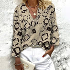 Damen Vintage Bluse mit Druckmuster und V-Ausschnitt