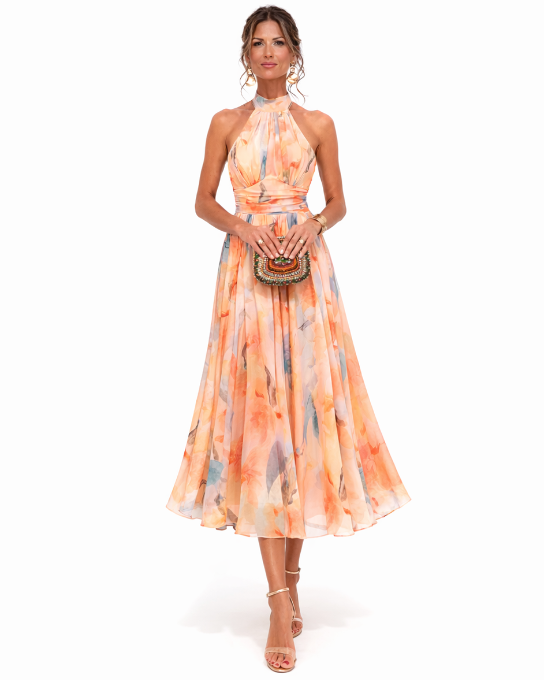 Damska Sukienka Maxi z Halter Neck i Akwarelowym Motywem