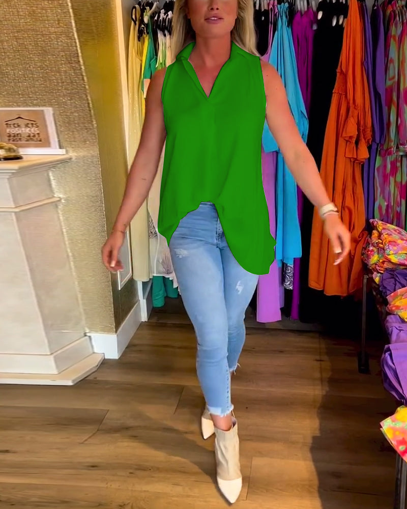 Damski Top Bez Rękawów z Ruffles i Rewersem o Eleganckiej Linii