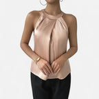 Damen Satin-Top mit Plissiertem Vorderteil und Drapiertem Abschluss