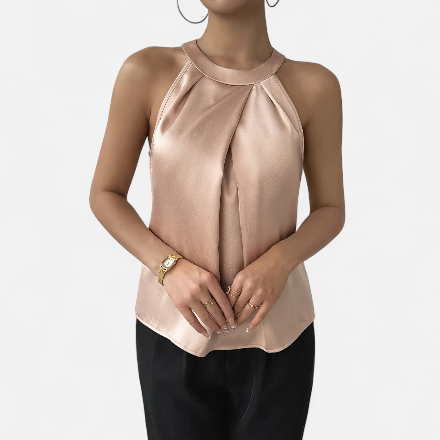Damen Satin-Top mit Plissiertem Vorderteil und Drapiertem Abschluss