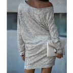 Elegantes Minikleid mit asymmetrischem Ausschnitt und Glitzereffekt