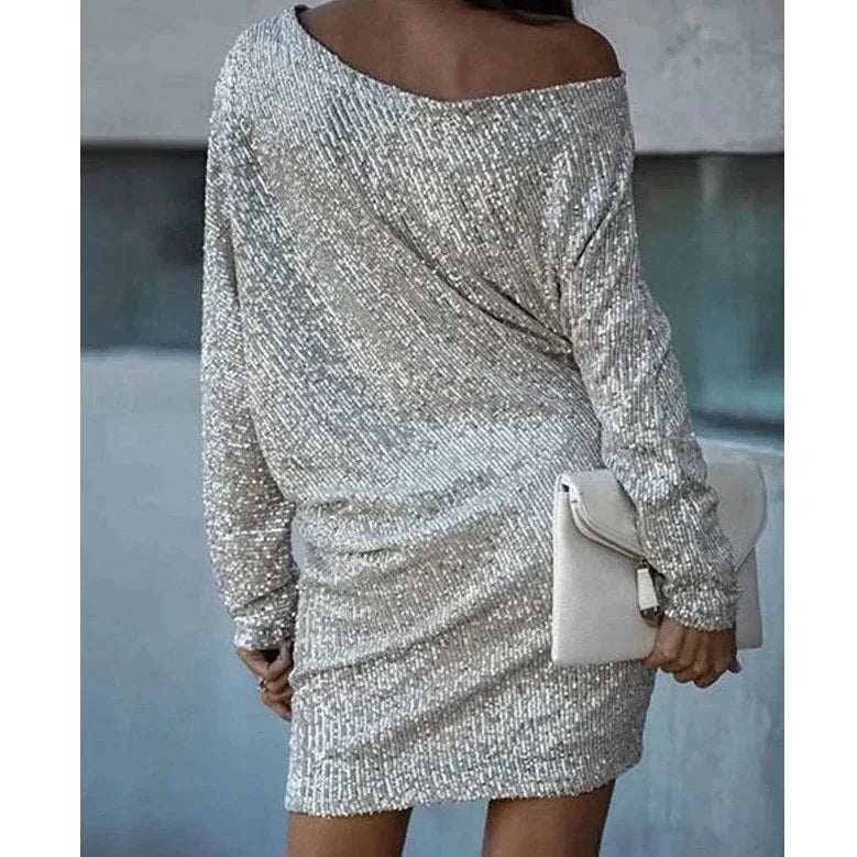 Elegantes Minikleid mit asymmetrischem Ausschnitt und Glitzereffekt