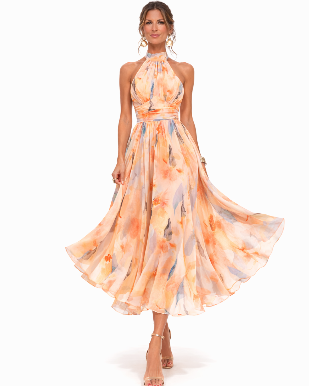 Damska Sukienka Maxi z Halter Neck i Akwarelowym Motywem