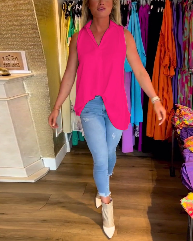 Damski Top Bez Rękawów z Ruffles i Rewersem o Eleganckiej Linii