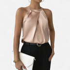 Damen Satin-Top mit Plissiertem Vorderteil und Drapiertem Abschluss