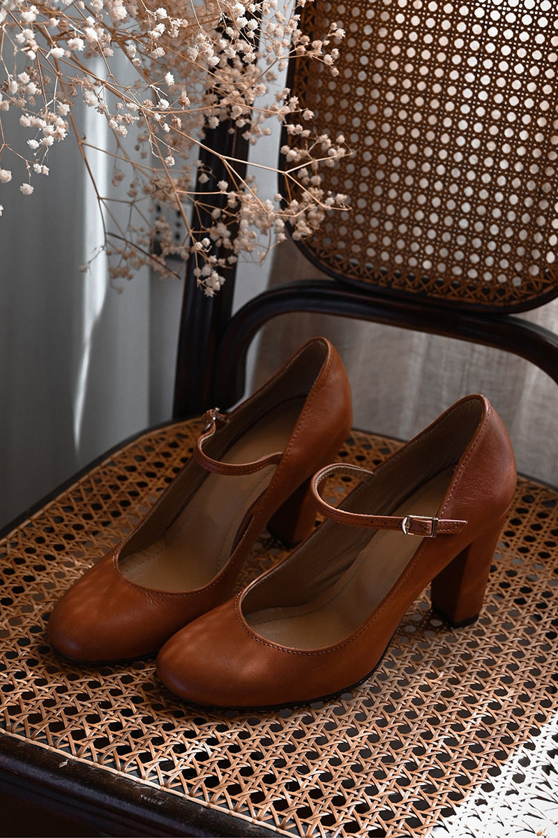 Women's Pumps with Wide Heel, Round Toe, and Adjustable Strap