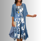 Damen-Midikleid mit mehrlagigem Überwurf und durchgehendem Muster