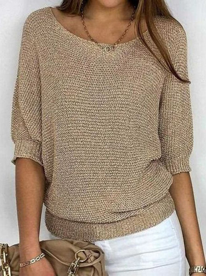 Elegancki Damski Gładki Sweter z Okrągłym Dekoltem