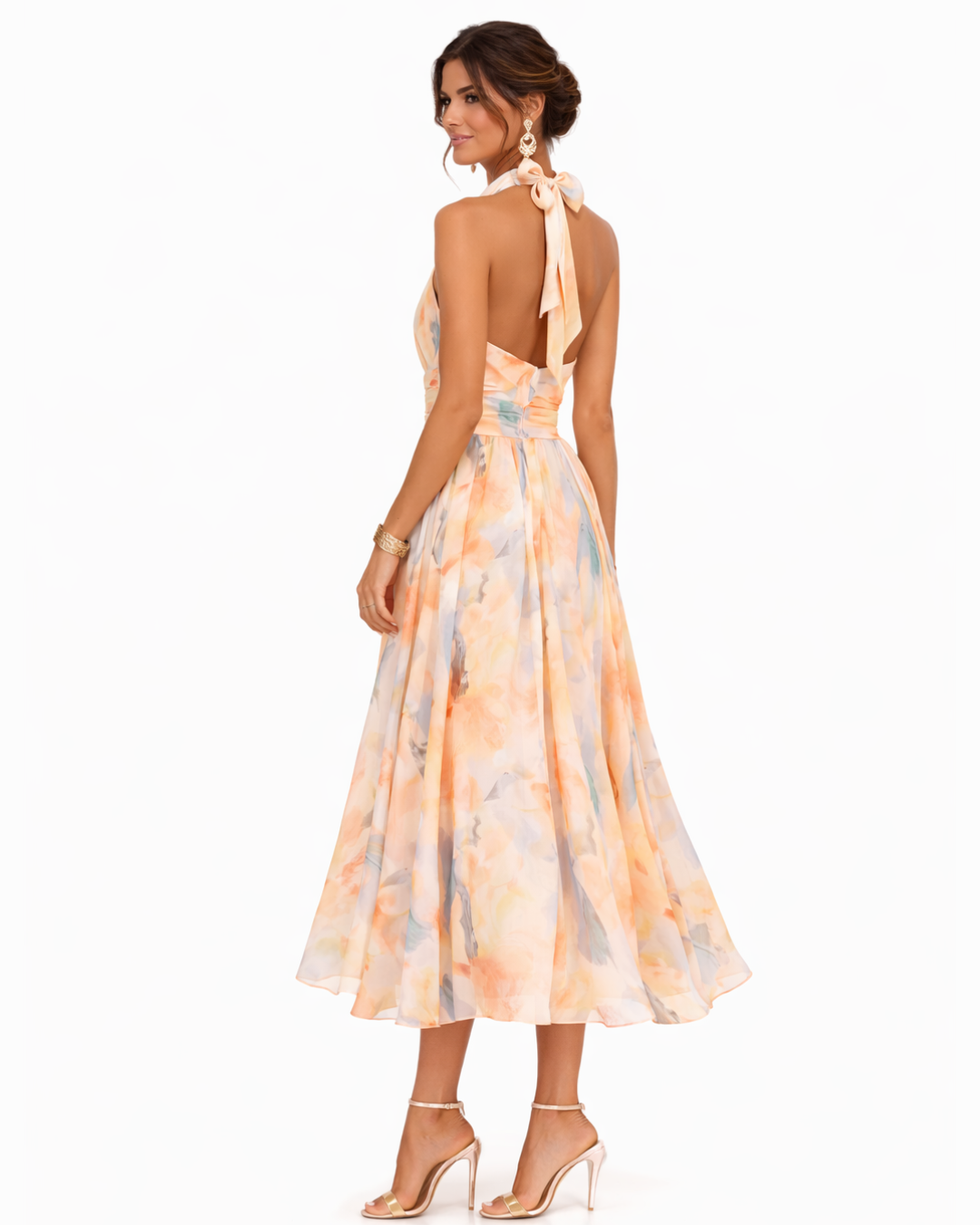 Damska Sukienka Maxi z Halter Neck i Akwarelowym Motywem