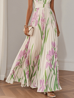 Women's Chiffon Maxi Dress with Floral Pleats and Square Neckline