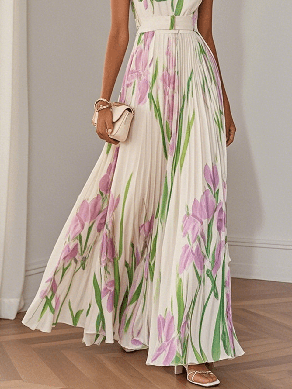 Women's Chiffon Maxi Dress with Floral Pleats and Square Neckline