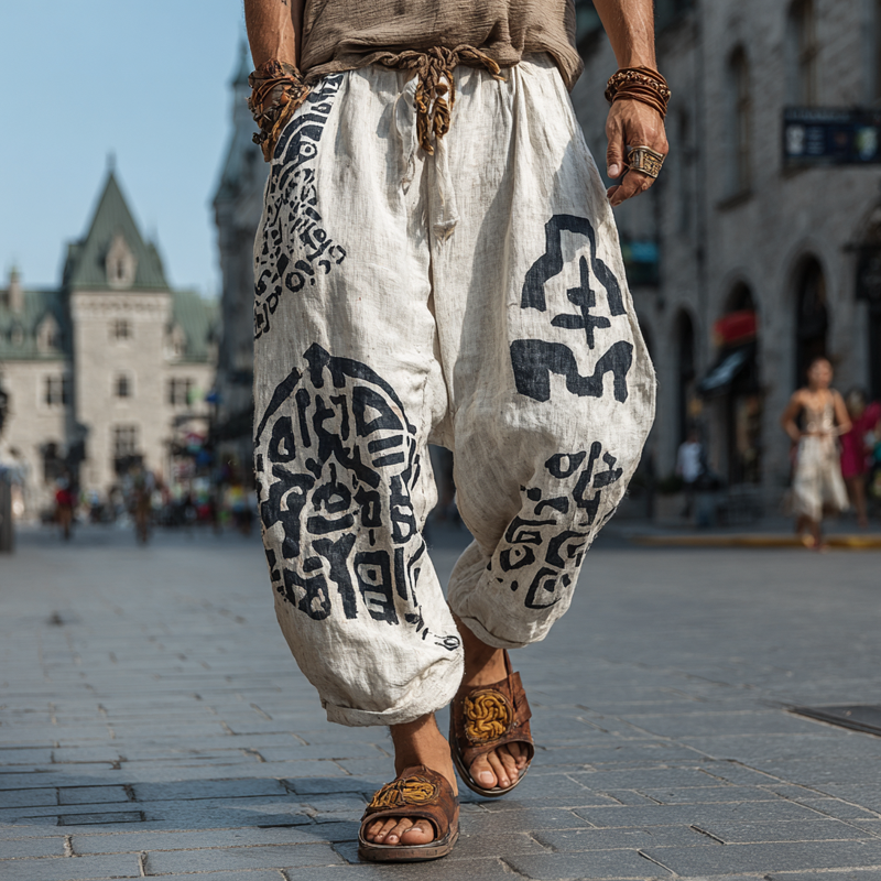 Męskie Luźne Spodnie z Wzorem Boho