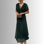 Damen-Maxikleid mit drapiertem V-Ausschnitt und mehrlagiger Schulter