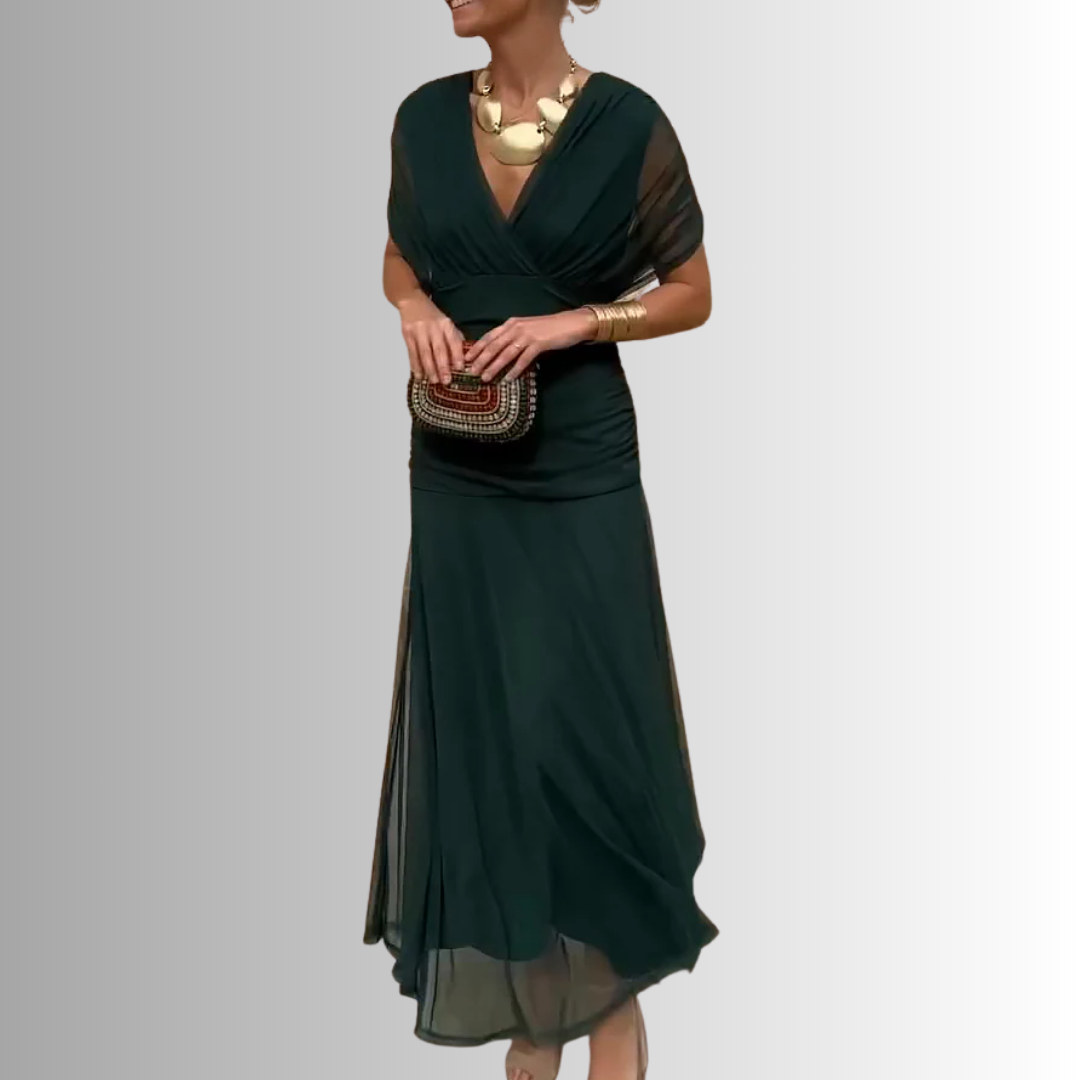 Damen-Maxikleid mit drapiertem V-Ausschnitt und mehrlagiger Schulter