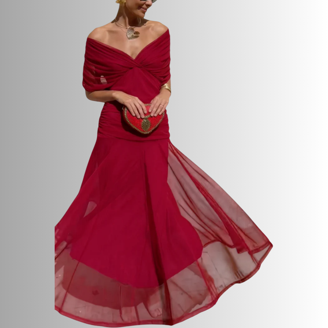 Damen-Maxikleid mit drapiertem V-Ausschnitt und mehrlagiger Schulter