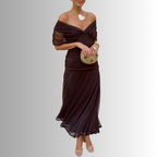 Damen-Maxikleid mit drapiertem V-Ausschnitt und mehrlagiger Schulter