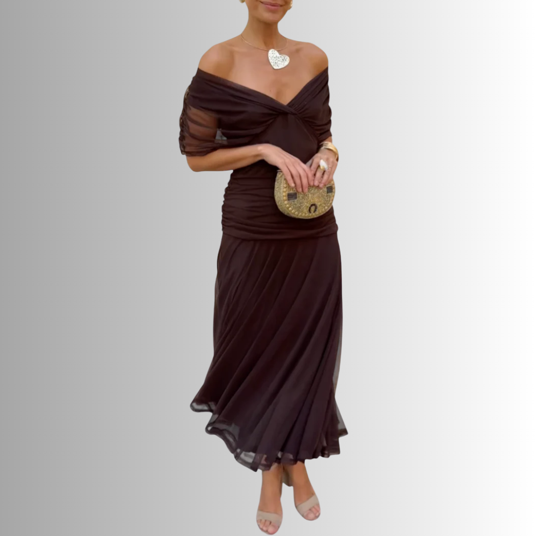Damen-Maxikleid mit drapiertem V-Ausschnitt und mehrlagiger Schulter