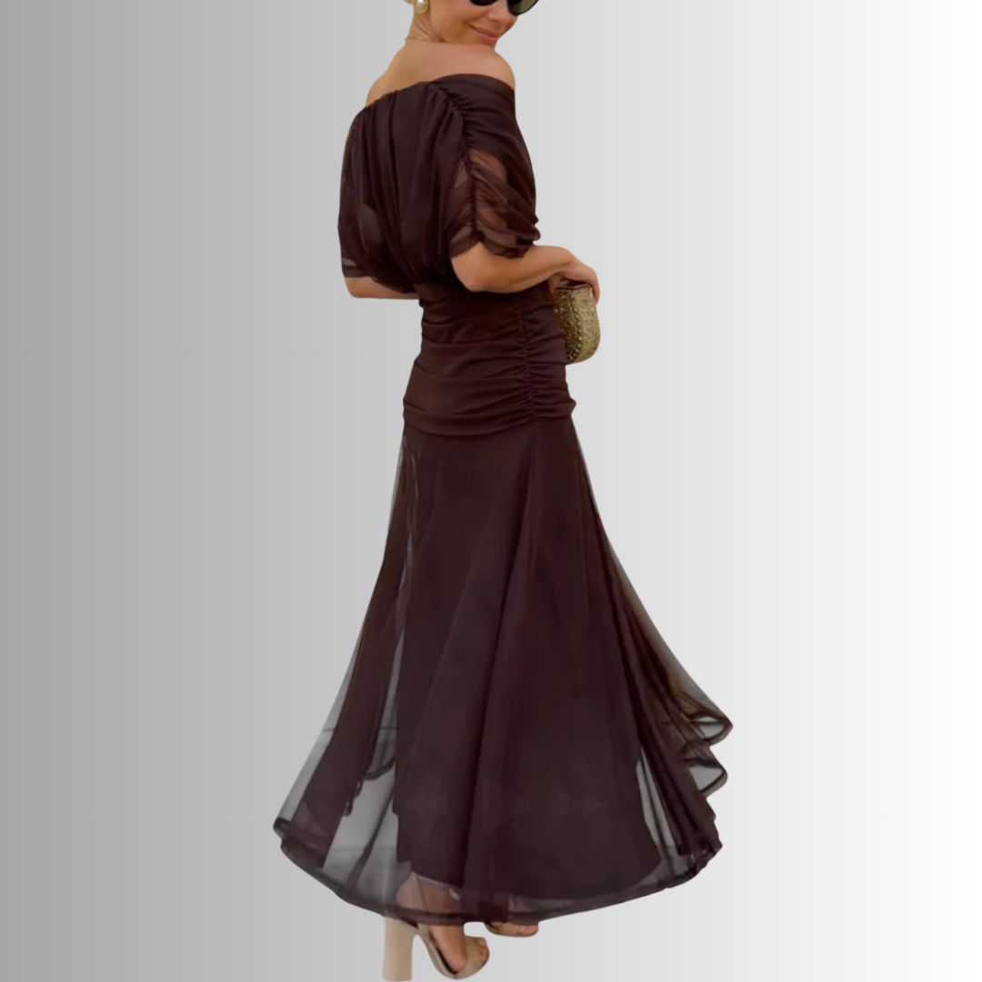 Damen-Maxikleid mit drapiertem V-Ausschnitt und mehrlagiger Schulter