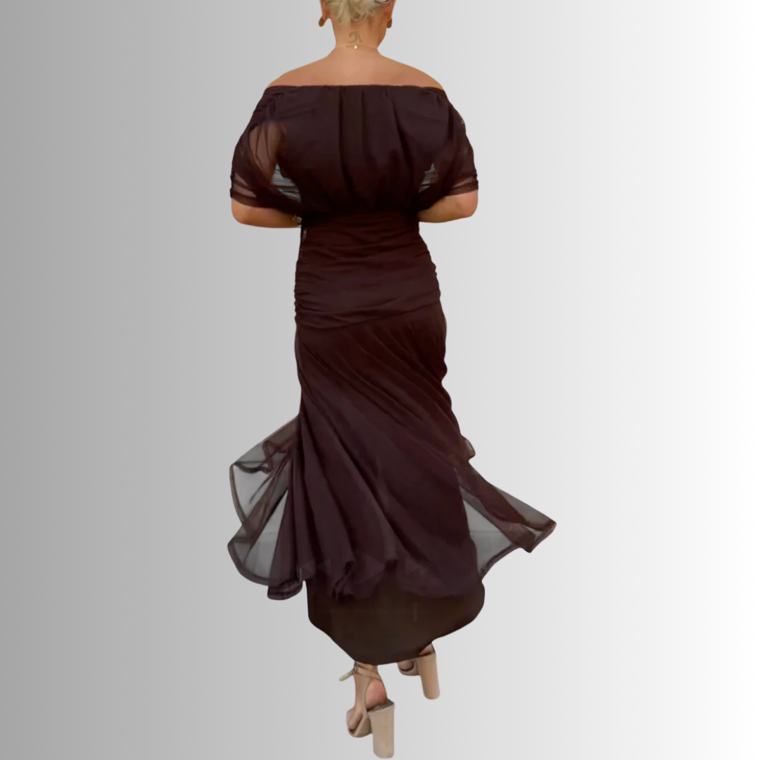 Damen-Maxikleid mit drapiertem V-Ausschnitt und mehrlagiger Schulter