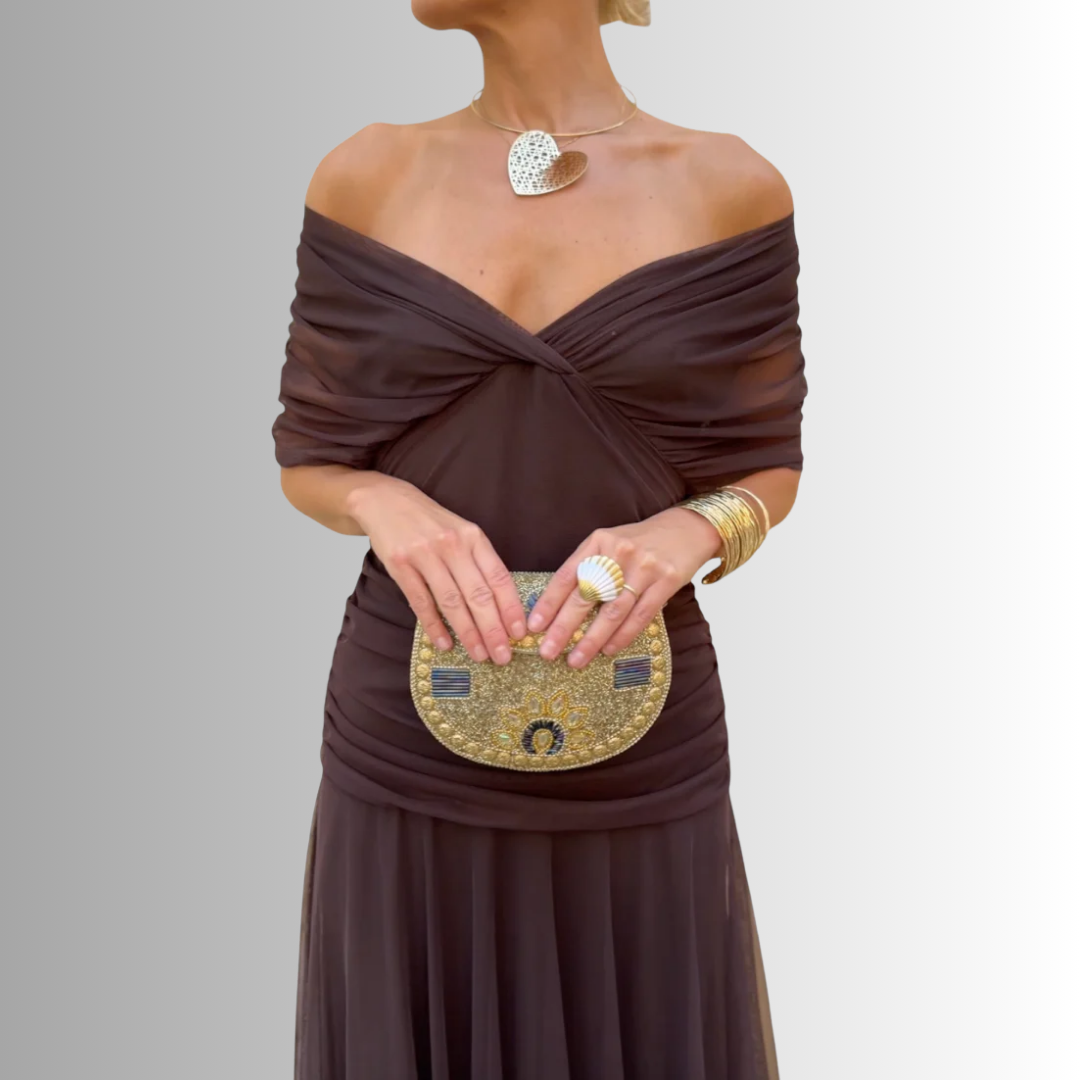 Damen-Maxikleid mit drapiertem V-Ausschnitt und mehrlagiger Schulter