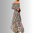 Damen-Maxikleid mit drapiertem V-Ausschnitt und mehrlagiger Schulter