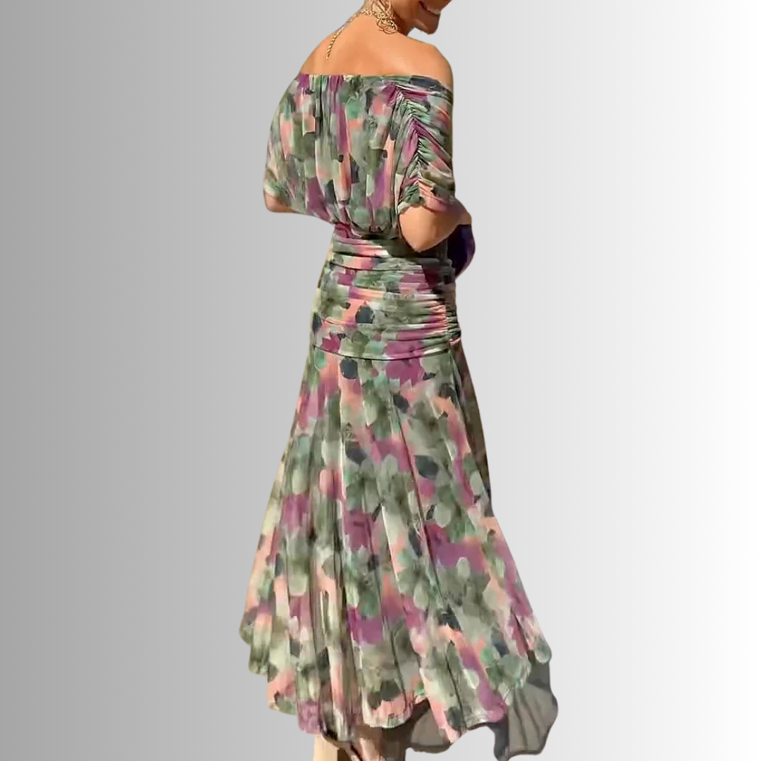 Damen-Maxikleid mit drapiertem V-Ausschnitt und mehrlagiger Schulter