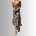 Damen-Maxikleid mit drapiertem V-Ausschnitt und mehrlagiger Schulter