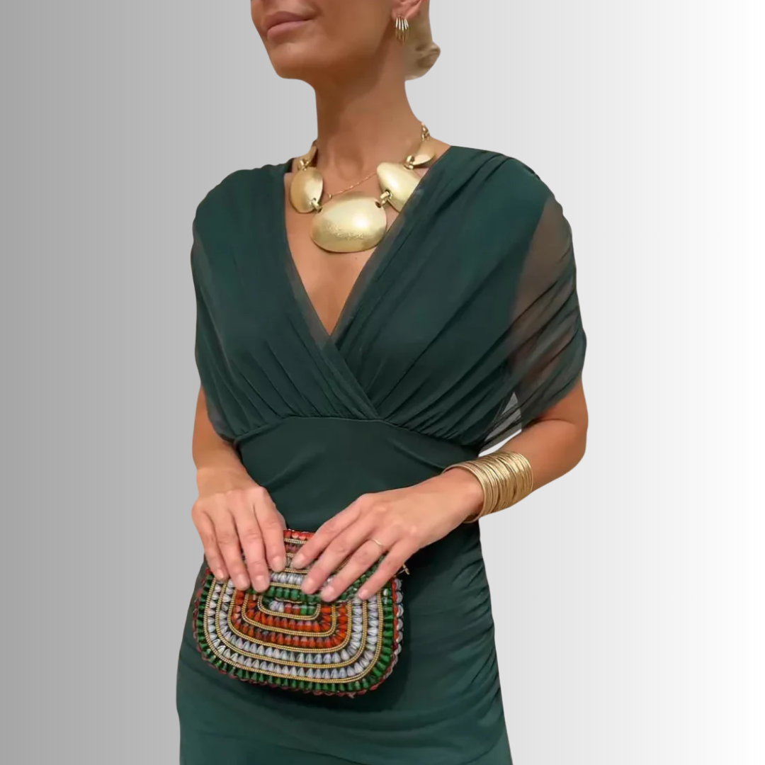 Damen-Maxikleid mit drapiertem V-Ausschnitt und mehrlagiger Schulter