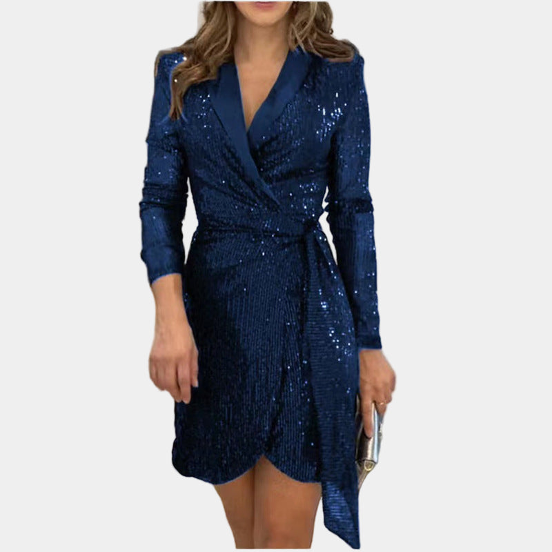 Damen Glänzendes Blazerkleid mit V‑Ausschnitt