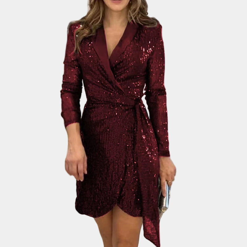 Damen Glänzendes Blazerkleid mit V‑Ausschnitt