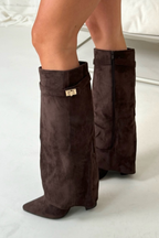Damen hohe Stiefel mit Klappe, elegante zeitlose Schuhe