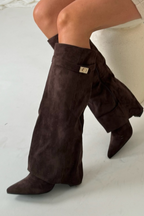 Damen hohe Stiefel mit Klappe, elegante zeitlose Schuhe