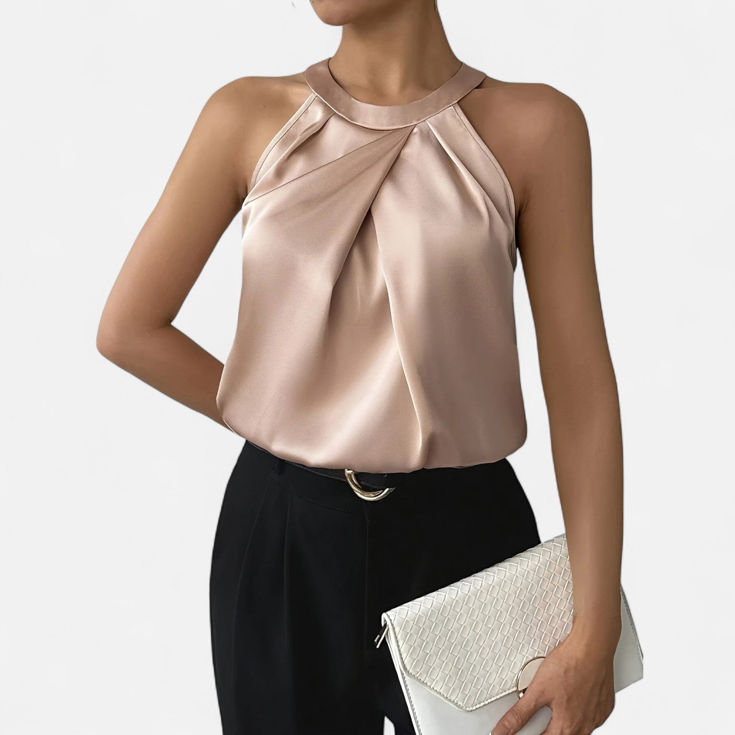 Damen Satin-Top mit Plissiertem Vorderteil und Drapiertem Abschluss