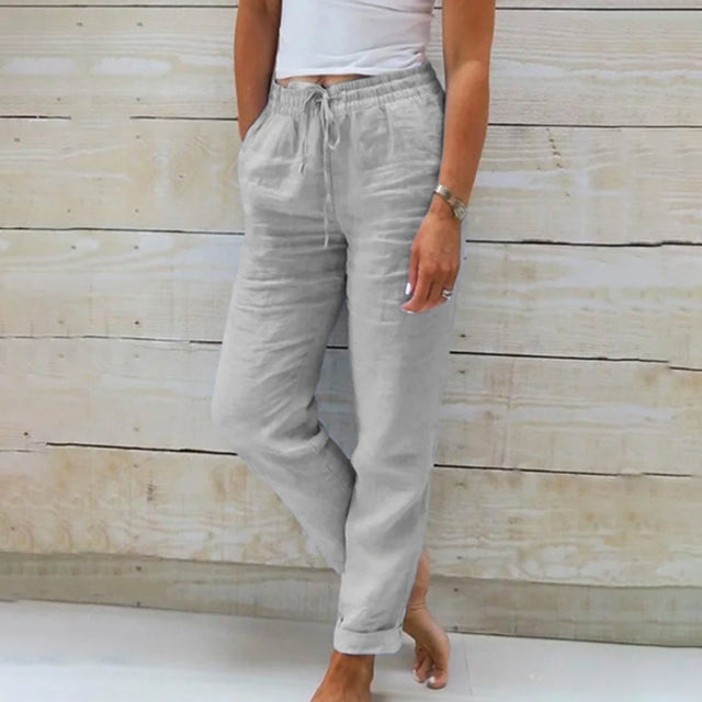 Damskie Spodnie Casual z Prostowną Nogawką i Naturalną, Letnią Linią