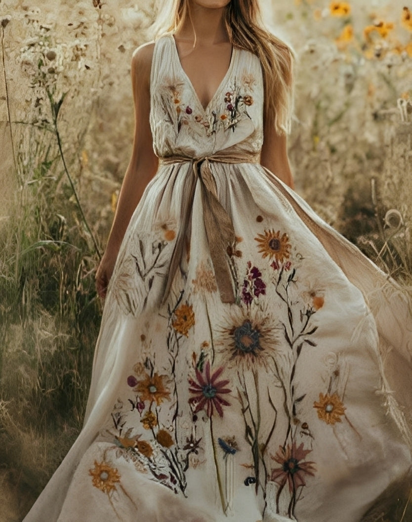 Elegantes Damenkleid mit Blumenmuster und fließender Linie