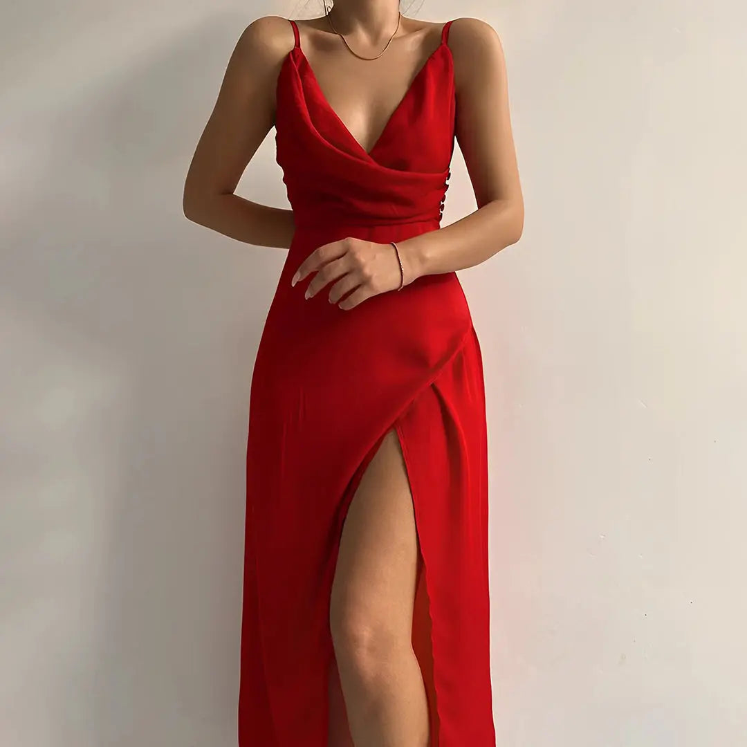 Elegancka Sukienka Maxi z Rozcięciem i Dekoltem w Kształcie V