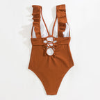 Damen Einteiler Boho Badeanzug mit Rüschen und Tiefem V‑Ausschnitt
