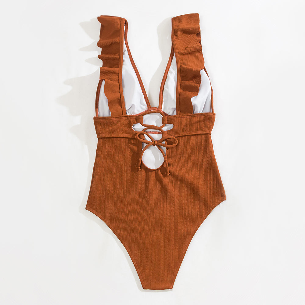 Women's One-Piece Boho Swimsuit with Ruffles and Deep V-Neck