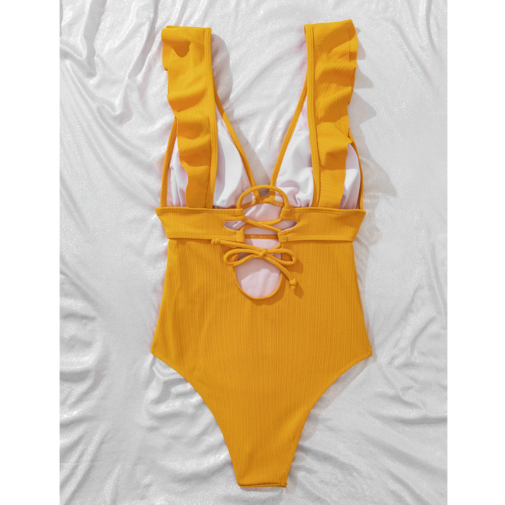 Damen Einteiler Boho Badeanzug mit Rüschen und Tiefem V‑Ausschnitt