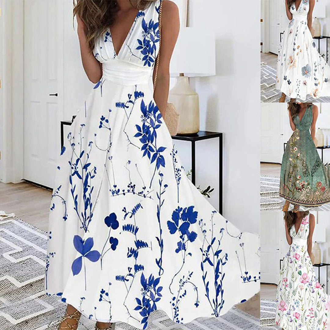 Damen Ärmelloses Maxikleid mit V-Ausschnitt und Blumenmuster