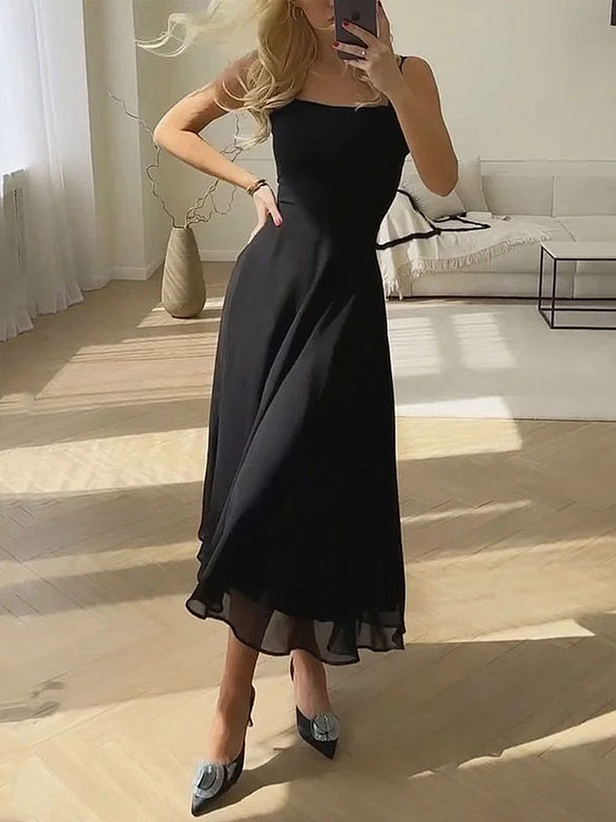 Damska Sukienka Midi z Kwadratowym Dekoltem Elegancka Lekka