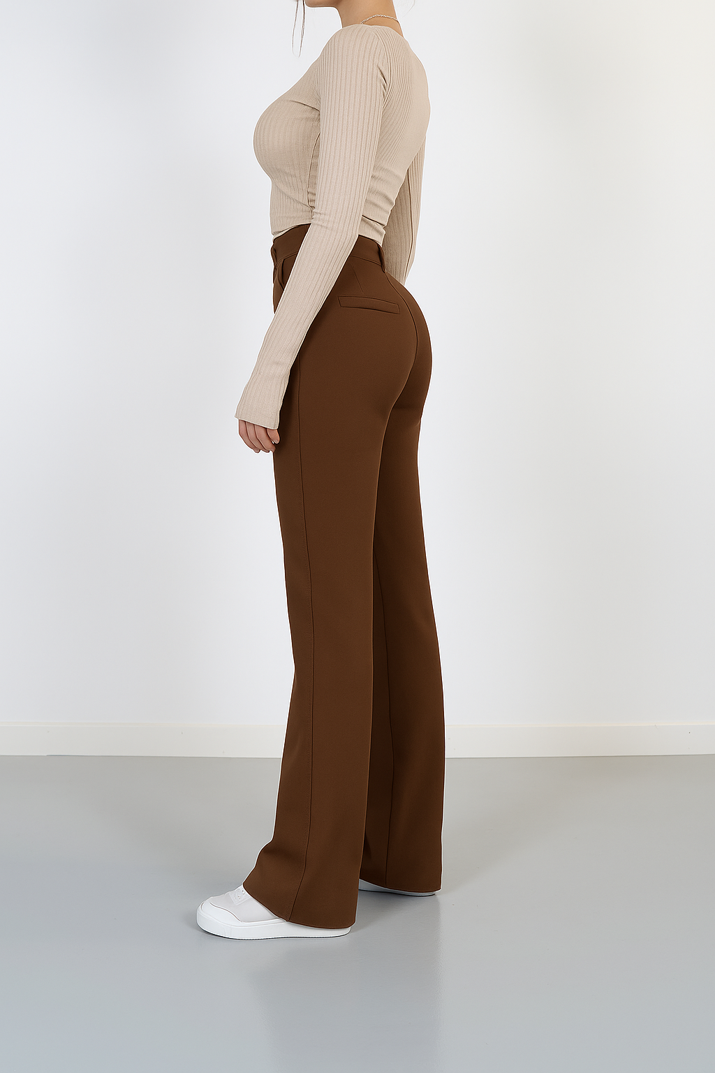 Damskie spodnie z wysokim stanem proste nogawki eleganckie casual