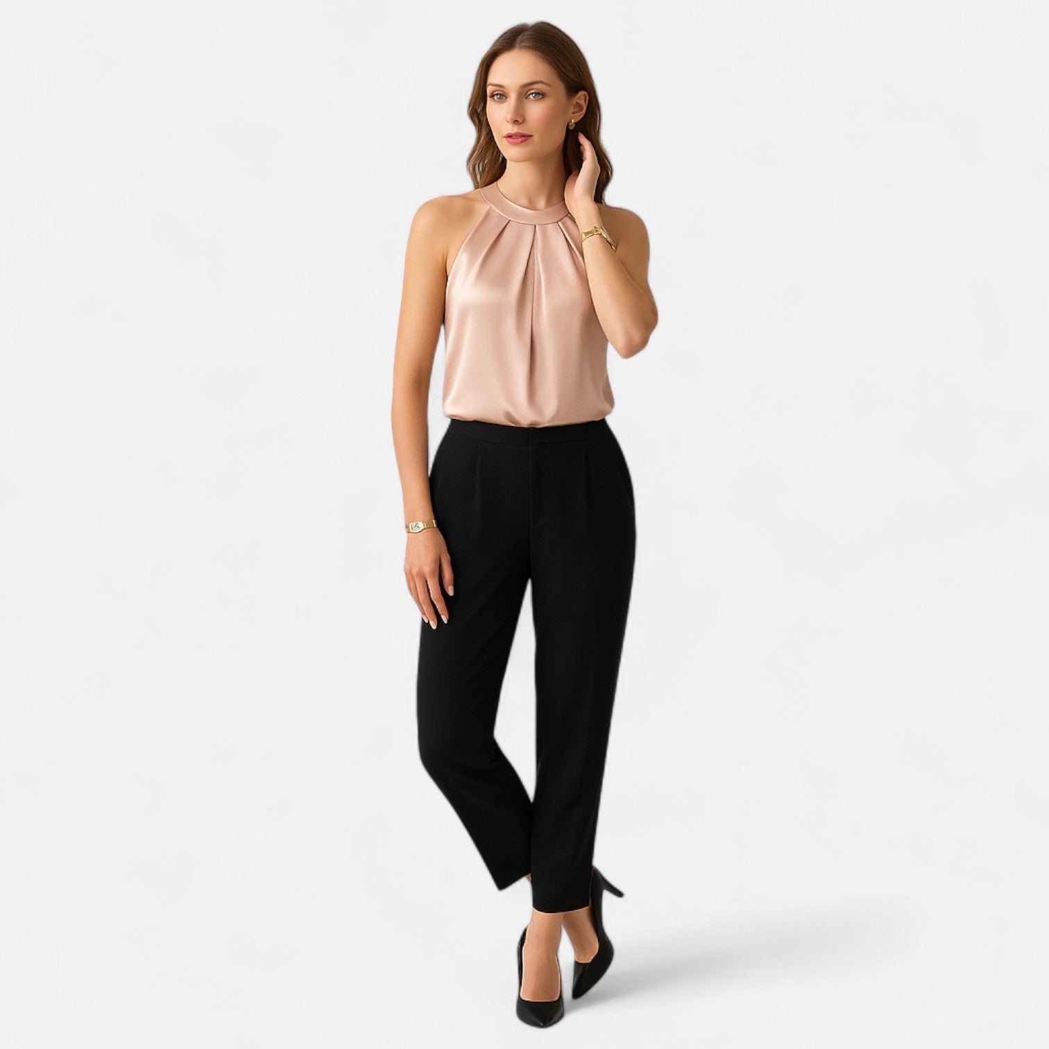 Damen Satin-Top mit Plissiertem Vorderteil und Drapiertem Abschluss