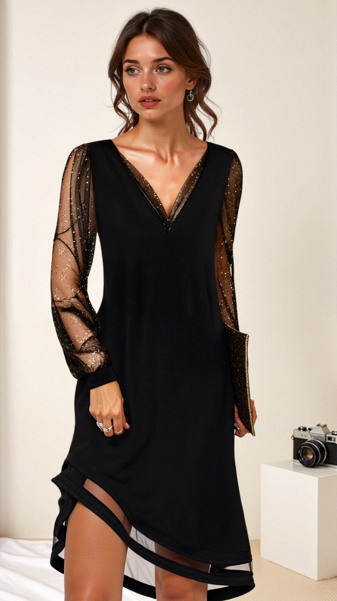 Damen elegantes Kleid mit transparenten Ärmeln, stylisch, abendtauglich